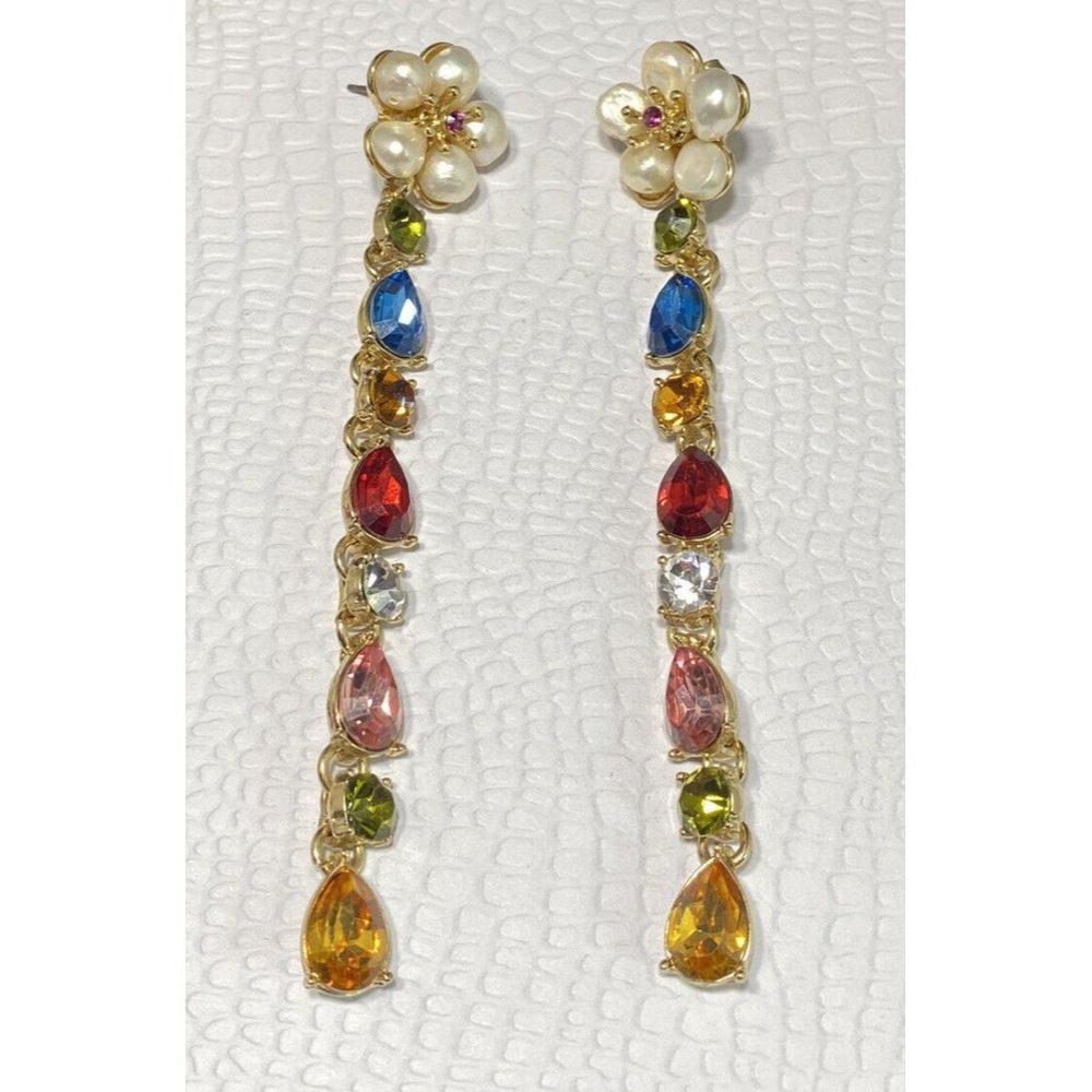 Petit Moments Daisy Drop Earrings 4 Inches Pearl Multicolored Stones Floral View 2